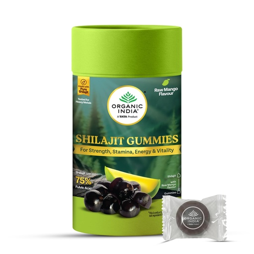 [BRSRYYI5CQFWM2D4] A TATA PRODUCT - Organic India Shilajit Gummies, 60 Units, Pure Shilajit with 75% Fulvic Acid, Raw Mango Flavour, Boosts Strength, Stamina C Vitality, Ayurvedic Wellness Gummies