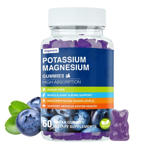 [BRSRAGIDCR5W233J] Potassium Magnesium Gummies - Magnesium Glycinate B6,D3 & Potassium Citrate for Leg Cramps,Muscle,Electroyte for Adults Kids,Sugar-Free - 60 Blueberry Gummies