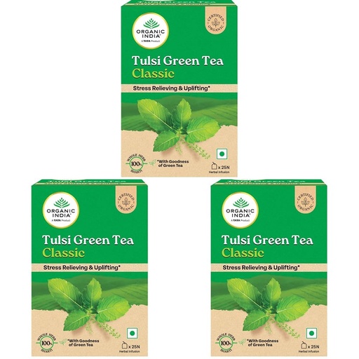 [BRSRYZY3OZ7BAFD6] A TATA Product - Organic India Tulsi Green Tea Classic - 25 Tea Bags, Uplifts Mood, Rich in Antioxidants, Blend of Rama, Krishna & Vana Tulsi, Certified Organic (Pack of 3)