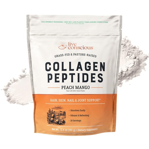 [BRSROGIOAV7GM2T4] Live Conscious Collagen Peptides Powder - Peach Mango Flavored Collagen Powder - Hair, Skin, Nail, & Joint Support - Type I & III Grass-Fed Collagen Supplements for Women and Men - 30 Servings - 13oz