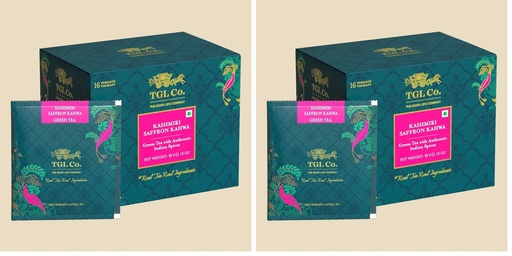 [BRSRYZAOAUNGGYAU] TGL Co. Kashmiri Saffron Kahwa Green Tea (16 Tea Bags) | Saffron-Infused Aromatic Blend | Boosts Immunity & Energy | Supports Digestion | Relieves Stress | Rich & Exotic Flavor (Pack of 2)