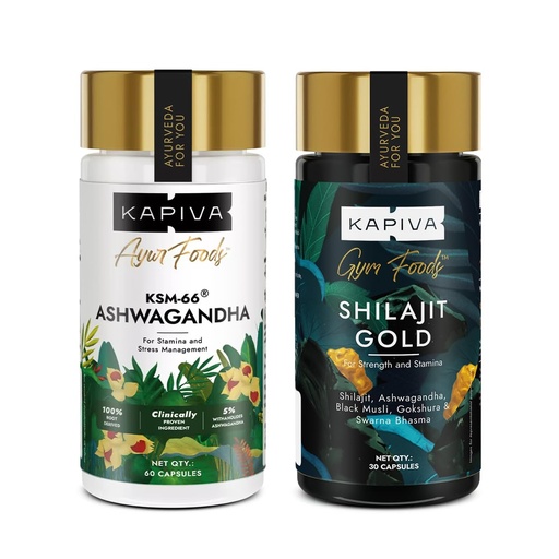 [BRSRGBLRAECBY3DZ] Kapiva Shilajit Gold 60 Capsules + KSM-66 Ashwagandha 500mg 60 Capsules | Stamina, Strength & Stress Relief | Ayurvedic Adaptogens with 24K Gold, Withanolides & 12 Action He