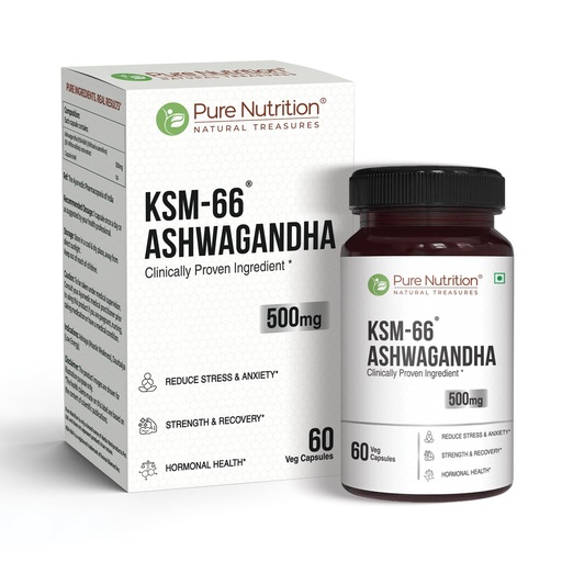 [BRSRGAYLPIBW233U] Pure Nutrition Ashwagandha KSM66 (500mg) - 60 Capsules | Ashwagandha Supplement for Men & Women | Clinically Studied Root Extract | Supports Stress Relief, Energy, Stamina & Recovery