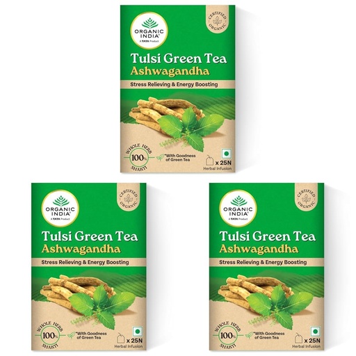 [BRSRYZAOBFYGAAL2] Organic India Tulsi Green Tea Ashwagandha - 25 Tea Bag (Pack of 3)