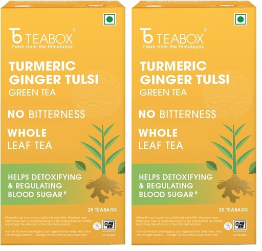 [BRSRYZAOOUMROEI7] Teabox Turmeric Ginger Tulsi Green Tea Bags 25 Pieces | Flavorful & Soothing | Made with Whole Leaf, Natural Ginger, Turmeric & Tulsi (Pack of 2)