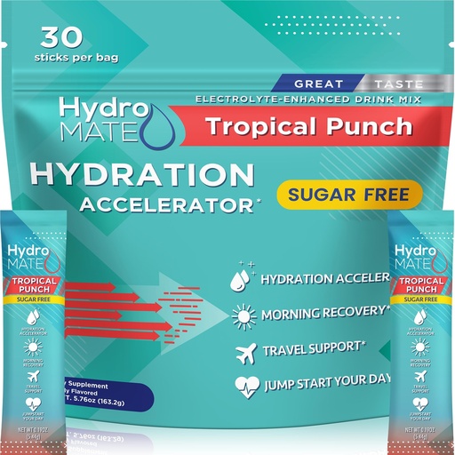 [BRSRAZQ3OYJR6CT2] Electrolyte Powder Sugar-Free Hydration Packets Tropical Punch HydroMATE 30 Sticks