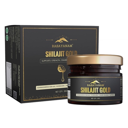 [BRSREFAEBZ7BGYLK] Rasayanam Shilajit Gold Resin 20g (80 Servings) | 300-500mg/serving | 75% Fulvic Acid | High Potency Shilajeet, Ashwagandha KSM66, 24 Carat Gold & Saffron | Strength & Muscle Recovery