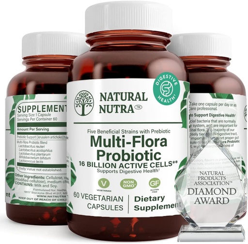 [BRSWIBQADJ7WYETM] Natural Nutra Ultimate Flora Probiotic for Women and Men, Helps Improves Digestion, Contributes to Overall Health, Promotes Immune System, Multi-Strain with Lactobacillus, Acidophilus, 60 Capsules