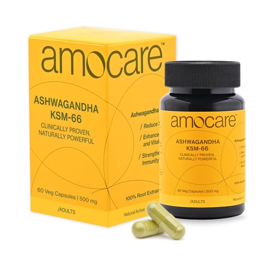 [BRSRAHT2AVYAIEL4] Amocare Ashwagandha KSM66 | Veg Capsules (60) | World's Most Clinically Studied Ashwagandha | Full Spectrum Root Extract | >5% Withanolides | Overall Well-being and Strength