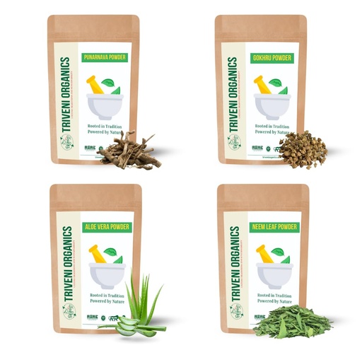 [BRSREZQCAEPAICLX] Triveni Organics Liver & Kidney Detox Combo 4×100g | Punarnava, Gokhru, Aloe Vera & Neem Leaf Powders | 100% Organic Ayurvedic Herbal Blend for Kidney Health, Liver Support, Detox & Vitality | Pure Herbal Supplements