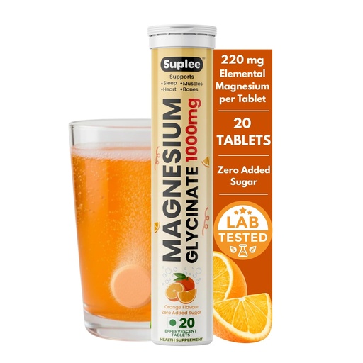 [BRSRGGA2BYFQYADG] Suplee Magnesium Glycinate Effervescent Tablets 1000mg, Orange, 20 Count
