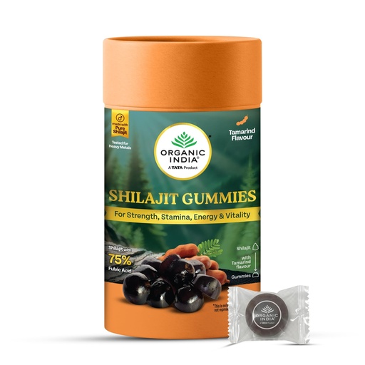 [BRSRYYI7OUIQ42QY] A TATA PRODUCT - Organic India Shilajit Gummies, 60 Units, Pure Shilajit with 75% Fulvic Acid, Tamarind Flavour, Boosts Strength, Stamina C Vitality, Ayurvedic Wellness Gummies