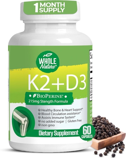 [BRSWGAY2OQBR62T7] K2 D3 Vitamin Supplement with BioPerine - Vegan Calcium with Vitamins K and D - Advanced D3K2 VIT 5000 IU - 60 Vegan D3 Plus K2 MK-7 Complex Nutritional Capsules for Heart & Bone Health (1