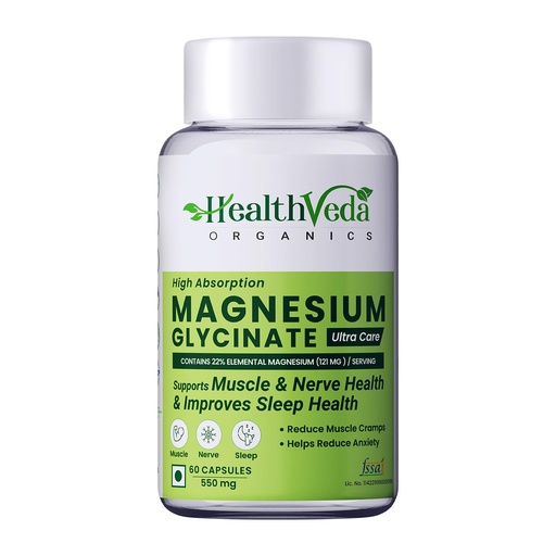 [BRSRMAAYOABA2CL7] Health Veda Organics Magnesium Glycinate Supplement 550 mg | 60 Veg Capsules for All Adults | Supports Sleep, Relaxation & Muscle Recovery
