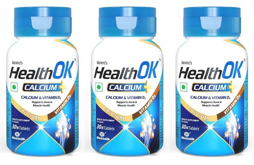 [BRSRY2QKCMFAACLA] Mankind Health OK Calcium Tablets with Vitamin D3 - Advanced Bone Density, Joint Mobility & Muscle Strength Support Formula - 30 Tablets Pack x Pack of 3