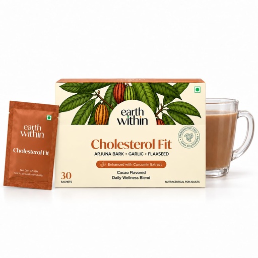 [BRSRYZA2OEBQK3TO] Cholesterol Fit | Heart Health & Cholesterol Support Drink Mix | With Arjuna, Garlic, Flaxseed & Curcumin | Cacao Flavour | 30 Sachets
