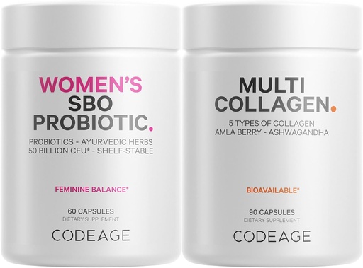 [BRSWYBL2BUBRUE3L] Codeage Multi Collagen Protein Capsules & Probiotics for Women Bundle | Multi Collagen Pills, Collagen Types I, II, II, V & X, 90 Count | Prebiotics & Probiotics for Women - Soy & Dairy Free, 60 Count