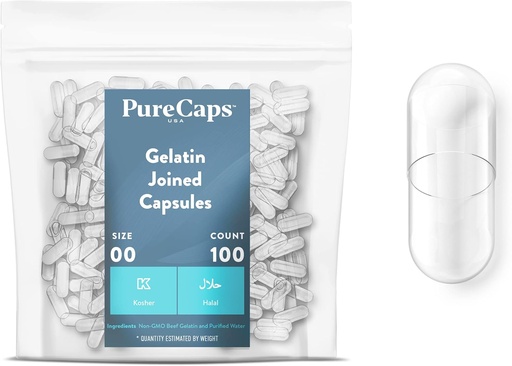 [BRSW2ZY5OIBAMG33] PureCaps USA - Empty Gelatin Capsules Size 00| 100 Joined Pills| Clear| Non-GMO Certified| SLS, Gluten, Preservative Free