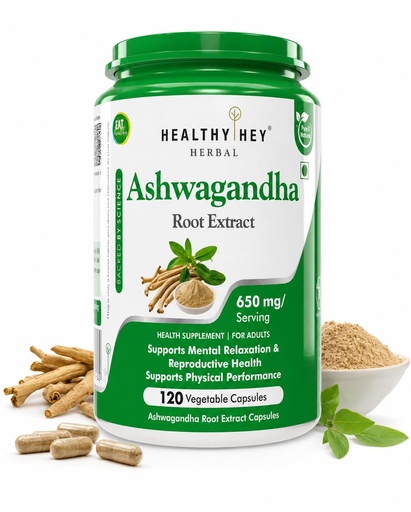 [BRSRAGQNO4IBSALG] HealthyHey Herbal Ashwagandha root extract - 650 mg per serving - 120 vegetable capsules