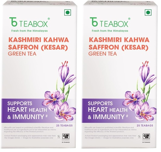 [BRSRYZAOA4GRG2Q6] Teabox Fresh Kashmiri Kahwa Saffron (Kesar) Green Tea | 25 Teabags | Green Tea Handblended with Natural Saffron, Almond, Cardamom & Cloves | With Natural Ingredients (Pack of 2)