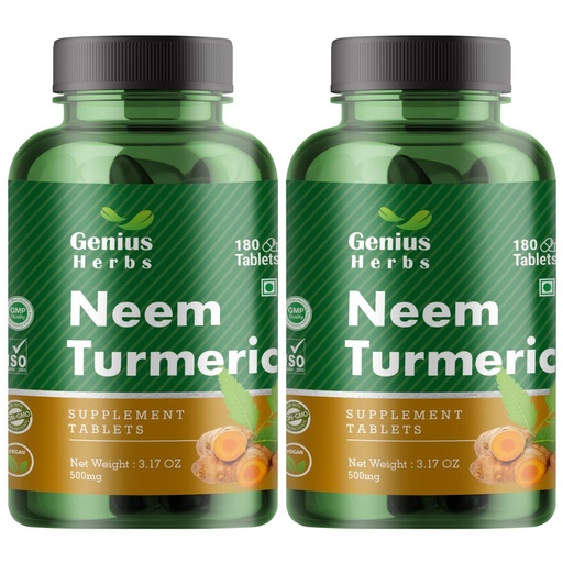 [BRSROZYNO5YQE2T2] Neem Turmeric Tablets 500mg – 360 Veg Tablets |Ayurvedic Herbal Detox Supplement | Supports Immunity, Skin & Digestion | Vegan, Non-GMO | Pack of 2 (90 Day Supply)
