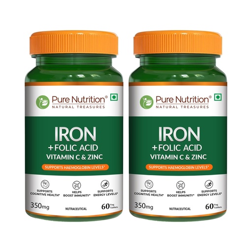 [BRSW2FD7OYBRUE3D] Pure Nutrition Iron Folic Acid Supplement with Zinc, Vitamin C & Vitamin B12 for Men & Women | Supports Haemoglobin Production, Boosts Immunity & Maintains Iron Level - 60 Veg Tablets (Pack 2)