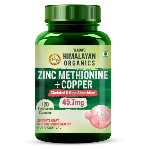 [BRSRAAA2BAAW2FD7] Vlado's Himalayan Organics Zinc Methionine + Chelated Copper 45.7 Mg Supplement For Men and Women | High Absorption Zinc Supplement | Supports Immunity, Heart + Skin Health | Antioxidant + Cellular Protection - 120 Veg Capsules