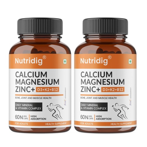 [BRSRYGD7BAMBA3IV] Veg Calcium Magnesium Zinc Supplement with Vitamin D3, K2 MK7 & B12 | Daily Bone, Muscle & Mineral Nutrition for Men & Women - 60 Capsules - Pack of 2
