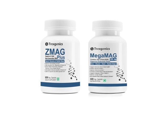 [BRSRAFINOF6RYD3X] Trexgenics ZMAG PLUS & MegaMag Combo (Zinc and Magnesium Bisglycinate, B6 and D3 + Magnesium Bisglycinate for Sleep, Relaxation, Recovery, heart, stress (60 + 60 Veg Capsules) (Pack of 1 Combo)