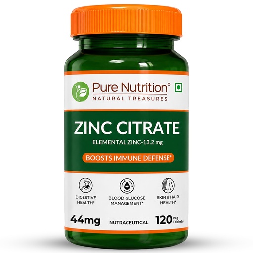 [BRSRAHT4BYIQAYA6] Pure Nutrition Zinc Citrate 44mg | Zinc Supplements For Men & Women | Zinc Tablets For Skin Glow, Hair Strength, Muscle Recovery & Immune Support - 120 Tablets