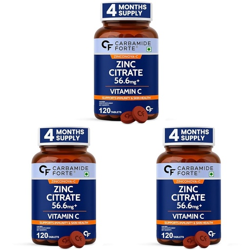 [BRSRGHQZAV4AKETK] Carbamide Forte Zinc Citrate with Vitamin C | Zinc Supplements for Men & women with 100% RDA Zinc | Immunity & Cellular Health Support – 120 Tablets (Pack of 3)