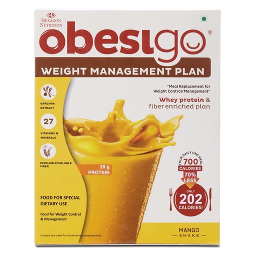 [BRSWGYYZAUBB4DT6] Obesigo BLCD - Meal Replacement Weight Loss & Weight Management Plan | Mango - 350Gm (7 Sachets*50g) | Whey Protein & Fiber Enriched | 40.8g Protein/100g, Garcenia Extract, 27 Vitamin & Mineral
