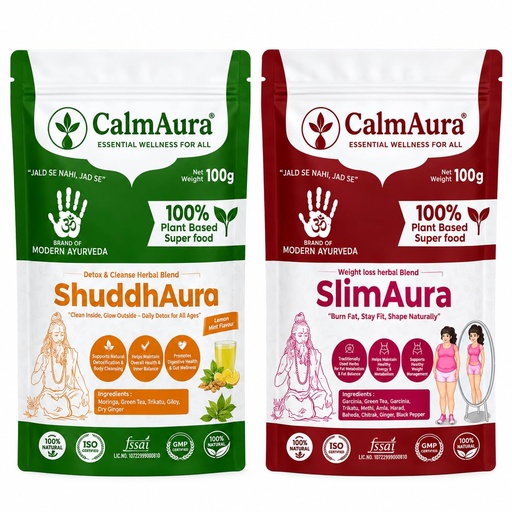 [BRSRYGD3BMJWGHTB] CalmAura Weight Loss Combo | SlimAura Weight Loss Herbal Powder 100g + ShuddhAura Detox & Cleanse Herbal Powder 100g | Ayurvedic Weight Management, Body Detox, Metabolism Support & Digestive Wellness Combo Pack