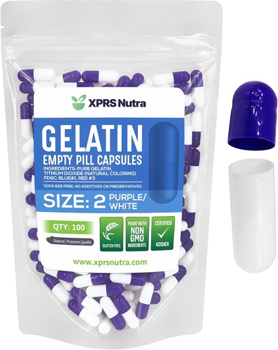 [BRSWYHATOB5AEFLJ] XPRS Nutra Size 2 Empty Capsules - 100 Count Empty Gelatin Capsules - Pills DIY Capsule Filling - Pure Bovine Pill Gel Caps for Do-It-Yourself Supplements (Purple/White)