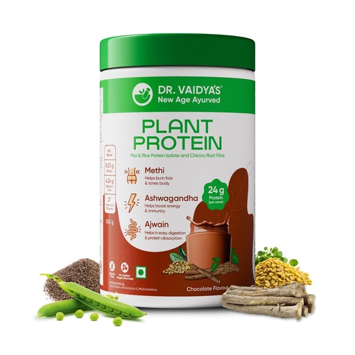 [BRSRMHYOOV7QGAD6] Dr. Vaidya’s Plant Protein Powder | Ayurvedic Pea Protein with Ashwagandha, Methi & Ajwain | 24 g Protein per Serving | Muscle Gain, Energy & Weight Loss | 500g Chocolate Flavour (Pack of 1)