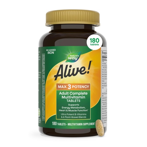 [BRSWIYTQAV5AMFTO] Nature's Way Alive! Max3 Potency Daily Multivitamin, High Potency Adult Multivitamins to Support Cellular Energy Metabolism, Heart, and Muscle Function for Women & Men*, No Iron Added, 180 Tablets