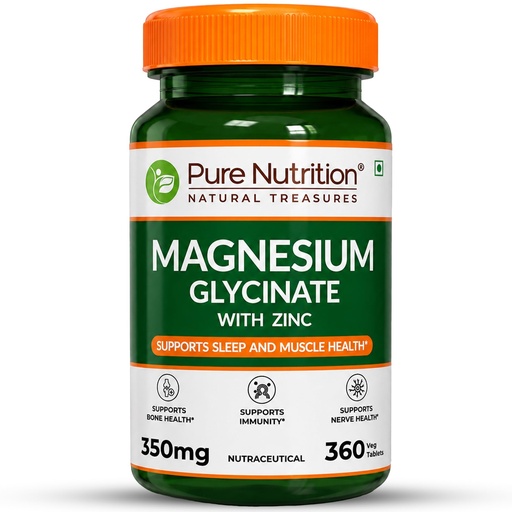 [BRSRGGAYCIHAYCLF] Pure Nutrition Magnesium Glycinate with Zinc Supplement 350 mg - 360 Tablets | High Absorption Magnesium Supplement for Bone, Muscle & Nerve Vitality | Supports Calm, Sleep Quality & Cramp Relief