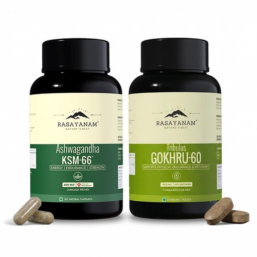 [BRSROEA6DIPBSYAY] Rasayanam Ashwagandha KSM-66 (500 mg) and Tribulas Gokhru - 60 Gokshura Tablets 1000mg PACK OF 2 | Extra Strength Natural Formulation | Support Strength & Energy | For Both Men & Women