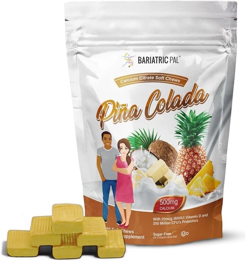 [BRSW2GIOAACAO2TA] BariatricPal Sugar-Free Calcium Citrate Soft Chews | 500mg with Vitamin D & Probiotics | Piña Colada | 90 Count (1 Month Supply)
