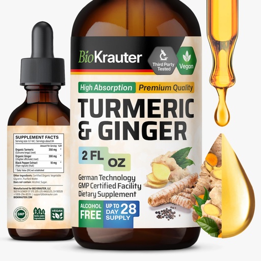 [BRSROGAYBANBQCYU] BIO KRAUTER® Turmeric and Ginger Supplement - Pure Vegan Liquid Turmeric & Ginger Tincture with Pepper 2 Fl.Oz 28 Days of Supply - Curcumin Drops for Mobility Support, Antioxidant & Immune Support
