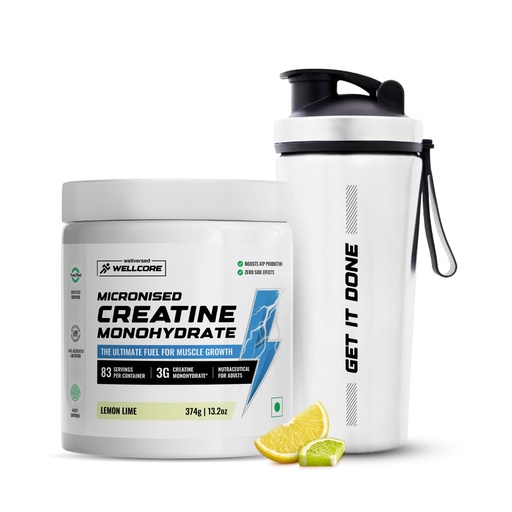 [BRSRGCQTOAORAAL5] Wellcore Pure Micronised Creatine Powder With Shaker (83 Servings, Lemon Lime) For Enhanced Muscle Strength With Rapid Absorption | Creatine Monohydrate | Wellcore Creatine Flavoured - 374g