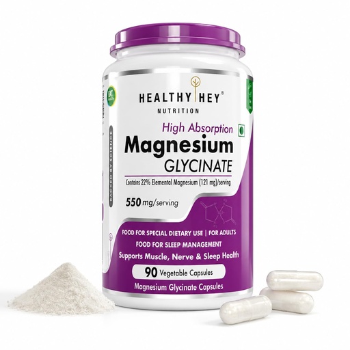 [BRSWG2Y6CQBGGDTH] HealthyHey Nutrition Magnesium Glycinate Supplement High Absorption for Sleep, Cramps, & Nerves Health - 90 Vegetable Capsules