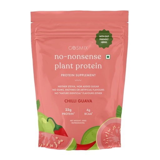 [BRSREBQ2CV6WCGTZ] Cosmix No-Nonsense Plant Protein- 500gm | 23g Plant Protein/Serve| Chilli Guava | Clean Vegan Protein |Gut-Friendly| Easy to Digest | All Essential Amino Acids |Made with Real Guntur Chilli |