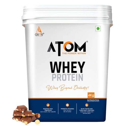 [BRSROYAKOR5QO23H] AS-IT-IS ATOM Whey Protein 4kg | 27g protein | Isolate & Concentrate | Choco Hazel Fusion | USA Labdoor Certified | With Digestive Enzymes for better absorption