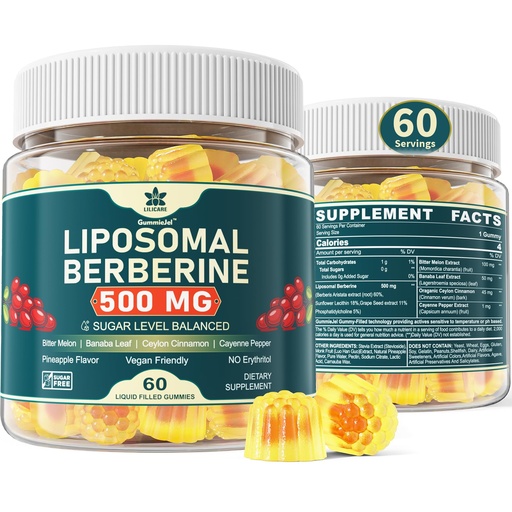 [BRSROA35CAOW2CIV] LILICARE Berberine 500mg Supplement, Once Daily, Liposomal Gummies with Ceylon Cinnamon, Bitter Melon, Banaba Leaf for Metabolism Balanced, AMPK Activator, High Absorption, Sugar Free, Vegan, 60 Cts