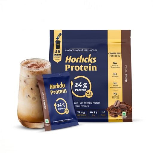 [BRSRYZI2BMBRGADO] Horlicks Protein Powder 1 Kg Pack | 24g Protein, 4g Fibre per serve | Coffee Flavour | 28 Daily Use Sachets | Fermented Yeast Isolate | Gut-Friendly Protein | Complete | For Men & Women