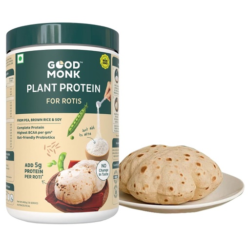 [BRSRECQEOJYQIHI6] Good Monk Plant Protein for Rotis | Additional 30 gm protein in 6 Rotis | From Pea, Brown Rice & Soy | Clean Protein & Gut Friendly Probiotics | All Essential Amino Acids | Stronger Muscles | Add to Atta - No Taste Change | No Added Sugar/Sweetener | 460 gm
