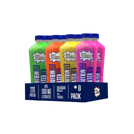 [BRSRYYYKCRYGGDLD] Not Rocket Science Protein Water - Lemon Lime + Mango Orange + Mixed Berry + Green Apple| 22g Clear Whey Protein Isolate | 1300mg Electrolytes | 5g BCAAs | Zero Sugar | High Protein Drink | 500ml Pack of 8