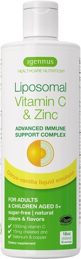 [BRSWYAQTBN5RGFL5] High Absorption Liposomal Vitamin C 1000mg & Zinc Bisglycinate, 30-90 Servings, Liquid Immune Support for Adults & Kids 5+, Non-GMO, Sugar-Free, Citrus & Vanilla Flavor, by Igennus