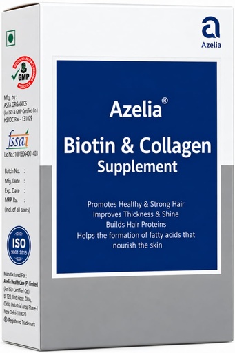 [BRSRYGAFDFYBMGQ2] Azelia Biotin & Collagen Supplement 30 Tablets | Biotin 1000 mcg & Collagen 250 mg | With Vitamin C, Omega 3, Zinc & Amino Acids | Nutritional Support for Hair & Skin